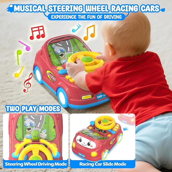 Toys for 1 Year Old Boy Gifts - 2-in-1 Toddler Push Car & Musical Racing Adventure Steering Wheel Driving Game, Interactive Simulated Driving Car for Baby 12-18 Months,Birthday Gift Ages 1-2,Light Red