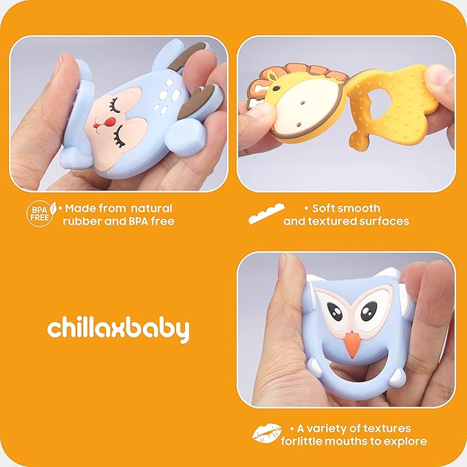 CHILLAX Teether Toys - Soothing Baby Teething Relief Toys, Helps Relieve Gum Pain - Soft, Easy-to-Grip, Non-BPA Silicone Teethers for Babies - Dishwasher-Safe - Shower Gifts for Infants 3+ Months Old