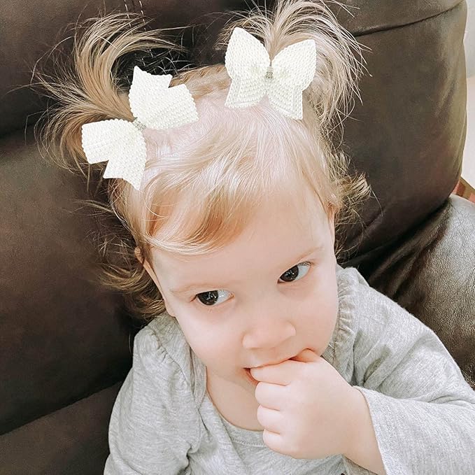 4Pcs Pearl Hair Bows for Girls, White Butterfly Flower Hair Bow Clip Wedding Hair Accessories for Baby Infants Toddlers Kids (Large size)