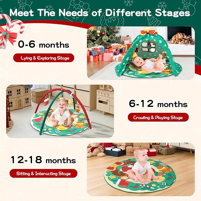 Christmas Baby Play Gym Mat, Softer Tummy Time Mat with 6 Detachable Toys for Sensory & Motor Skill Development, Activity Mat for Newborn Essentials Shower Gift, Oeko-TEX Certified