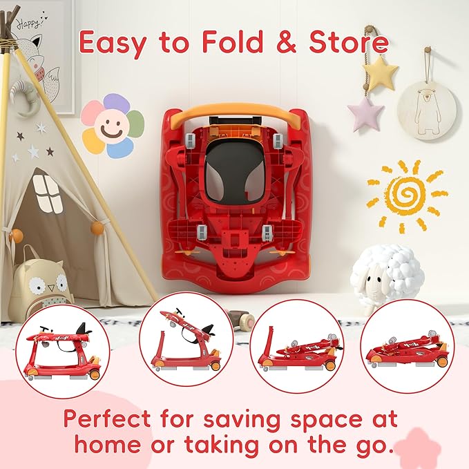 Betterhood 6-in-1 Foldable Baby Walker with Adjustable Height & Speed, Airplane-Themed Activity Push Walker with Music & Lights, Wheels, Anti-Slip Design, Suitable for Boys & Girls Aged 6-18 Months