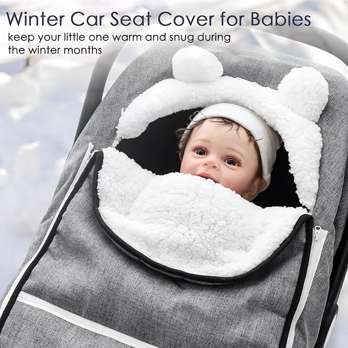 Winter Carseat Cover for Baby Girl Boy, Super Windproof Baby Car Seat Cover Protect Baby from Cold Weather, Plush Fleece Infant Car Seat Cover Canopy, Gray