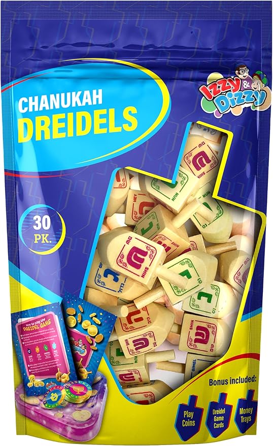 Izzy 'n' Dizzy Medium Wood Dreidels with Classic Chanukah Spinning Draidel Game, Gift and Prize - Bulk (Pack of 30)