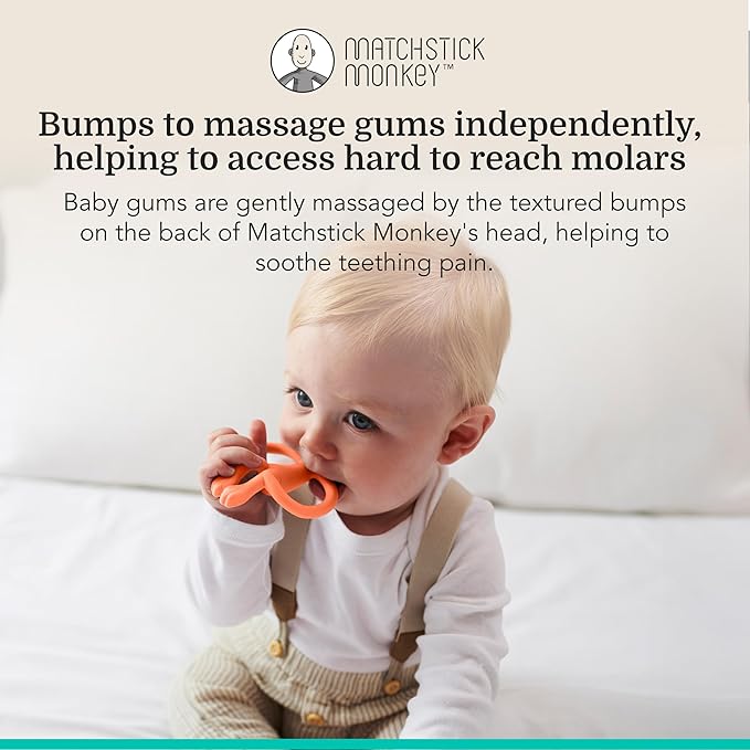 Matchstick Monkey Silicone Teether & Gel Applicator – Silicone Baby Teether, Easy-to-Grip, BPA-Free, Supports Self-Soothing & Early Brushing, 3 Months+, 4 Inches, Orange