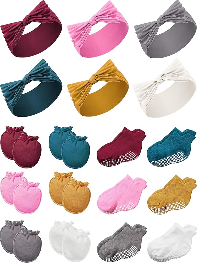 Geyoga 18 Pieces Baby Headband Newborn Socks and Mittens Sets Elastic Baby Essentials Boys Girls 0-6 Months (Wine Red, Pink, Yellow, Balsklish Green, White, Black)