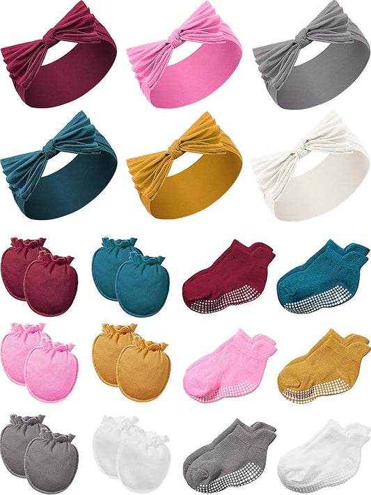 Geyoga 18 Pieces Baby Headband Newborn Socks and Mittens Sets Elastic Baby Essentials Boys Girls 0-6 Months (Wine Red, Pink, Yellow, Balsklish Green, White, Black)