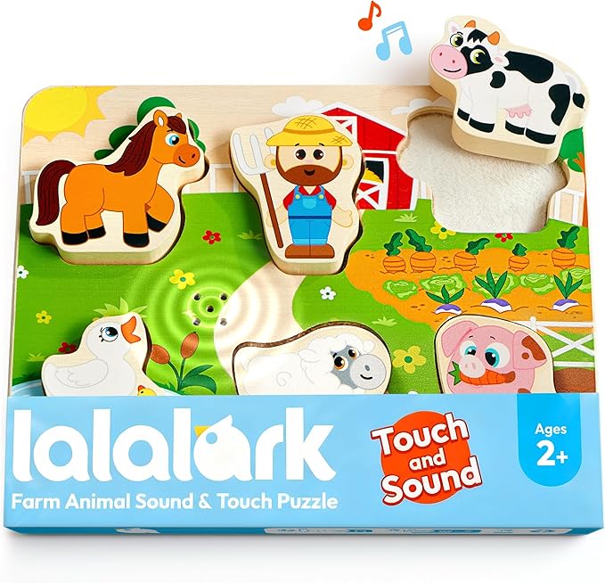 lalalark Musical Wooden Puzzles Toys, Tactile & Sound Farm Animal Toys for Baby 2-4, Montessori Educational Block Puzzles, Learning Toddler Kids Birthday Valentine Easter Gifts for Boys Girls