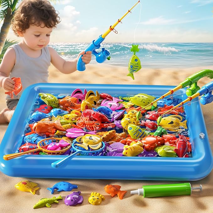 PEADUCK Magnetic Fishing Game Pool Toys Set for Kids 3-5, Water Table Bathtub Toys with Inflatable Pool Pole Rod Net Plastic Floating Fish, Outdoor Toys for Kids Boys Girls Age 3 4 5 6 7 8 Year Old