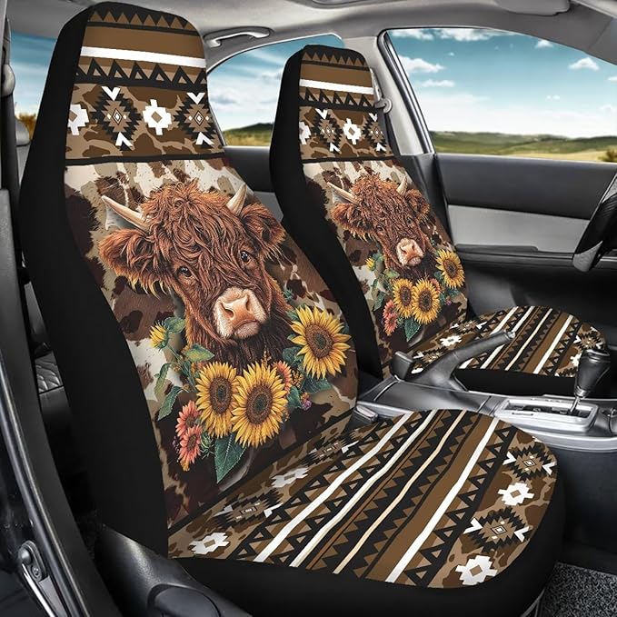 Aztec Highland Cow Car Front Seat Covers Waterproof Universal Front Seat Cover Removable Automotive Accessories Easy Installation Suitable for Cars, SUV and Trucks