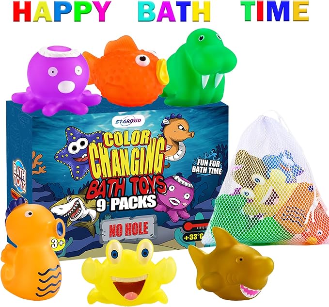 9 Packs Color Changing No Hole Bath Toys for Kids Toddlers Baby, Color Change Water Table Toys Sea Creatures Ocean Animal Bathtub Toys with Drying Bag