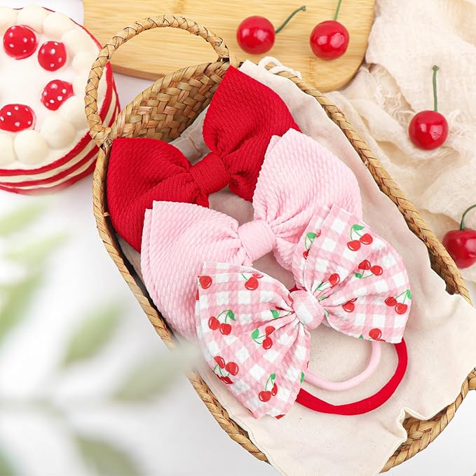 3 Pcs Baby Girl Headbands 4.5’’ Pink Bows Cherry Hair Accessories Summer Outfits for Newborn Infant Toddler Girls Clothes