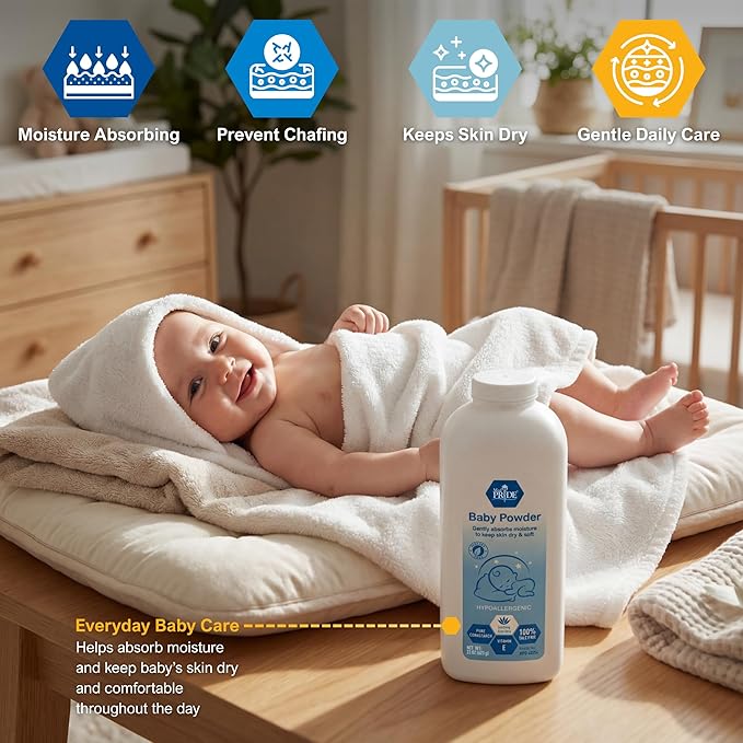 MED PRIDE Baby Powder Talc Free Cornstarch Formula with Aloe Vera and Vitamin E, Hypoallergenic Skin Care for Diaper Changes and Daily Use, 22 Ounce Bottle