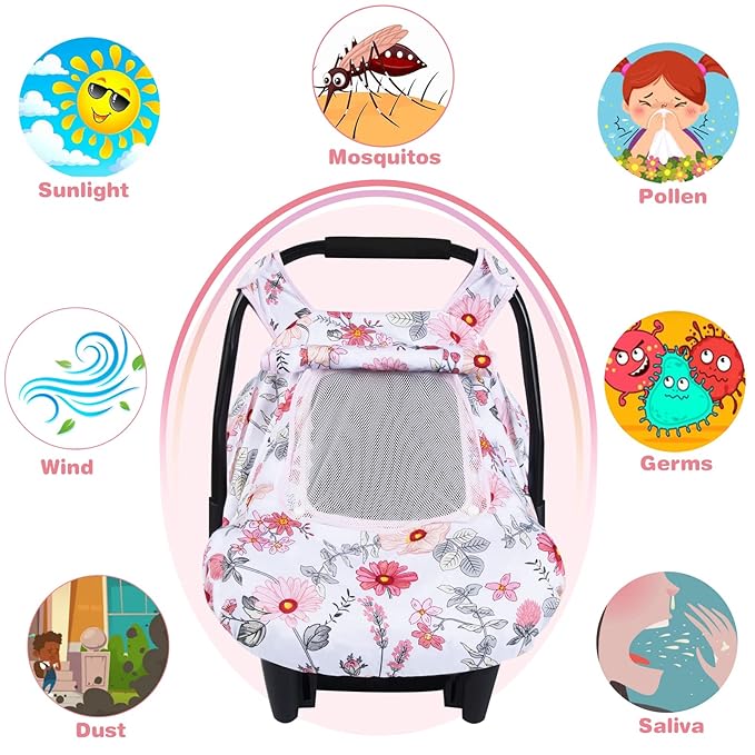 SMTTW Baby Car Seat Covers, Infant Car Canopy for Spring Summer Autumn Winter, Universal Fit, Snug Warm Breathable, Car Seat Canopy for Boys Girls (Pink Flower)