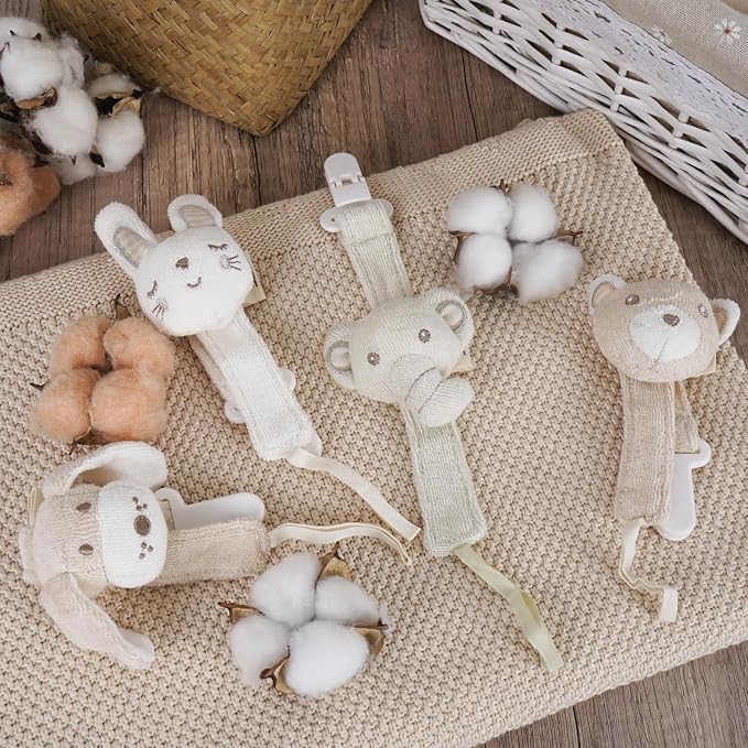 Pacifier Clip, 2 Pack Baby Pacifier Holder for Boys and Girls Fits Many Pacifiers & Baby Teething Toys, Ideal Baby Gift (Elephant & Bear)