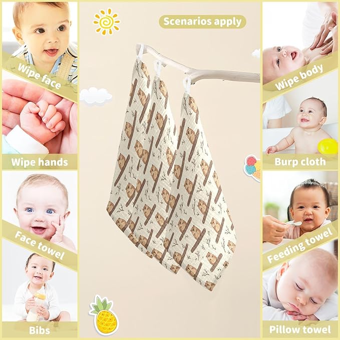 Newborn Face Towel Beaver Soft Cotton Baby Washcloths 11.8 x 11.8 Inch Infants Girls Boys Muslin Burp Cloths 5 Pack