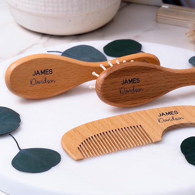 Personalized Wooden Baby Brush and Comb Set | Optional Icons and Fonts | Custom Wooden Baby Brush and Comb Set | Personalized Baby Gifts | Baby Gift Girls, Boy