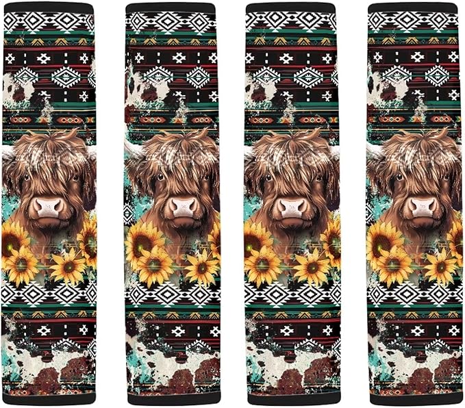 UNICEU Southwestern Tribal Aztec Highland Cow Car Seat Belt Covers for Women Men, Soft Shoulder Seatbelt Pads Cover Comfortable Seat Belt Pads Universal Fit,Highland Cow Car Accessory