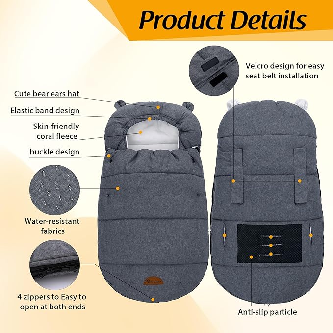 Universal Footmuff for Stroller, Baby Bunting Bags, Winter Windproof Warm Pram Footmuffs, Water Resistant Sleeping Bag with Hood for Strollers, Pushchairs, Prams, Car Seat, 30"*17.5"
