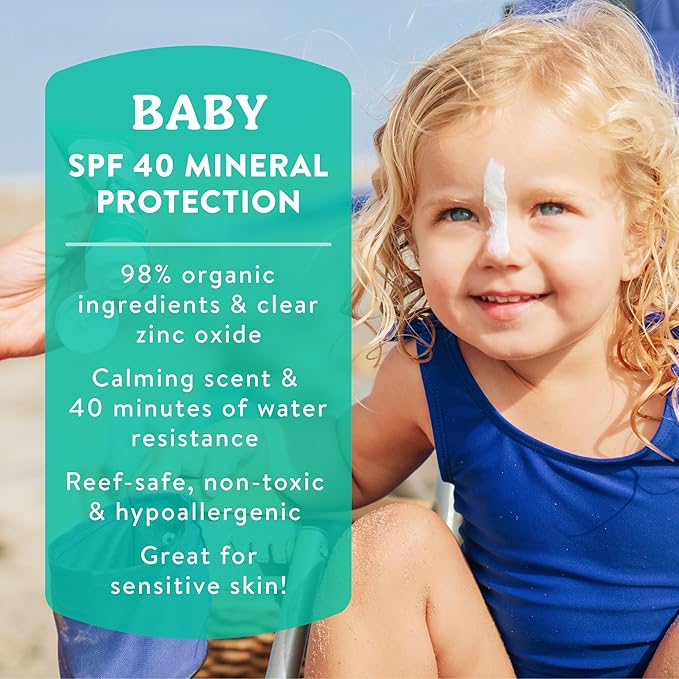 Badger Mineral Baby Sunscreen Cream SPF 40, 98% Organic Toddler Sunscreen with Zinc Oxide, Broad Spectrum, Reef Safe, Water Resistant, Pediatrician Tested Baby Sunblock, 2.9 fl oz, 2-Pack