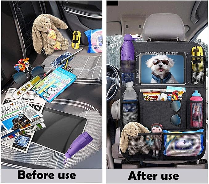 Car Backseat Organizer with tablet holder,1Pcs Kick Mats Back Seat Protector with 9 Storage Pockets Travel Accessories Easy to Clean GREY