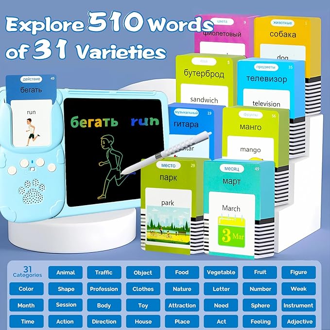 Talking English & Russian Flash Cards - 8" LCD Writing Tablet for Kids 3-12, Bilingual 510 Sight Words, Toddler Pocket Speech, Drawing Sketch Pad, Autism Toys for Boy (Russian - Blue)