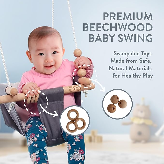 Monkey & Mouse Baby Swing, Pale Green Indoor Outdoor Portable Hanging Chair - Infant & Toddler Kids 6 Months - 4 Years, Cotton Canvas & Beech Wood Frame, Sensory Hammock Boy & Girl Seat w/Wooden Toys