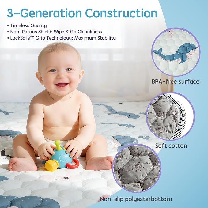 ENVTEK Baby Play Mat for Floor Playpen - 50" X 50" Playpen Mat,Thick One-Piece Crawling, Odorless Floor Mat, Non-Slip Cushioned Baby Playmat for Infants,Babies,Toddlers. Foldable and Machine Washable