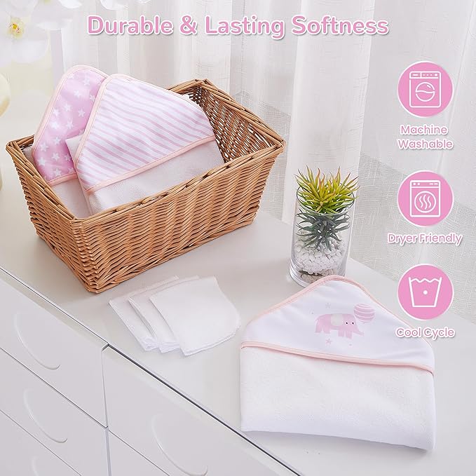 Viviland 6 Pcs Hooded Baby Towels and Washcloths Set, Super Gentle Bath Towels for Newborn Face & Body, Absorbent Wash Cloth for Infants Girls, Pink-Elephant Pattern, 28 x 28 inch