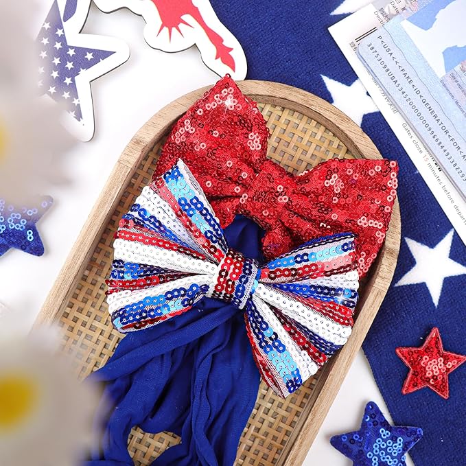 4th of July Headband Girls Sequins Large Bows Baby Headband 4th of July Accessories Glitter Hair Bows for Girls Patriotic Red Bow