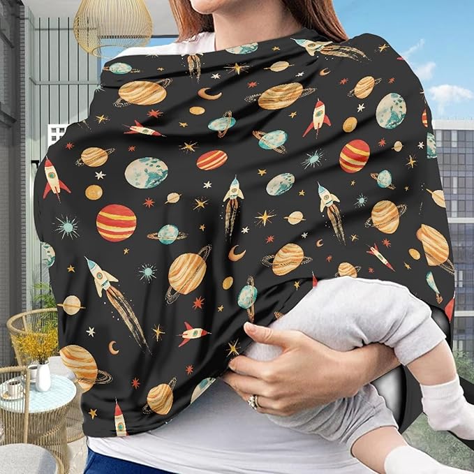 GIFTPUZZ Planet Rocket Stretchy Car Seat Cover for Babies, Nursing Cover Breastfeeding Cover for Baby Boys, Soft Breathable Infant Carseat Canopy, Shopping Cart/High Chair/Stroller Covers