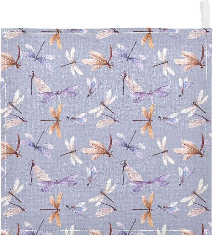 Baby Washcloths Cotton Dragonfly Baby Muslin Washcloths Soft Baby Face Towel for Newborn Infants Baby Wipes, 11.8 X 11.8 Inch, 3 Pack Lilac