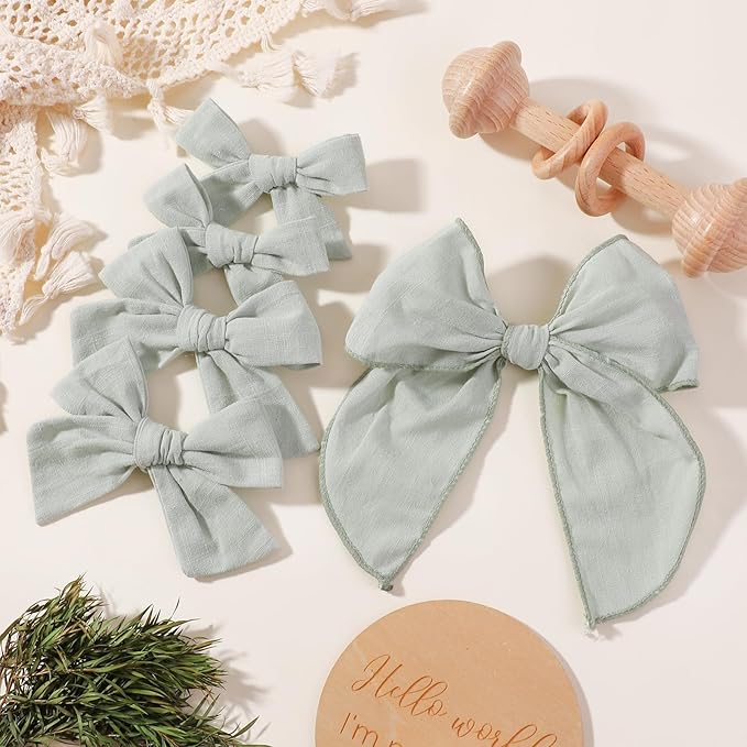 YHXX YLEN 5PCS Green Cotton Linen Hair Bows for Girls Handmade Alligator Clip Hair Accessories for Babies Infant Toddlers Kids(5inch×1, 4inch×2, 3.5inch×2)