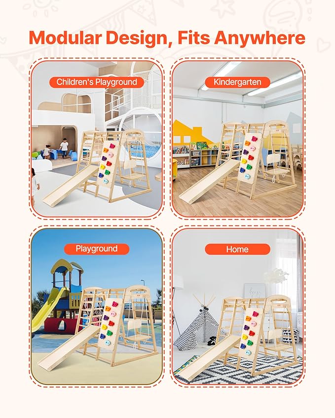 VEVOR Indoor Jungle Gym, 7-in-1 Toddler Indoor Playground, 47.2 x 58 x 56 inch, with Wood and Rope Ladder, Net Ladder, Swing, Monkey Bar, Slide, Climbing Wall, Wooden Indoor Climbing Toys for Kids