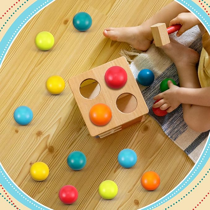 Bucherry 12 Pcs Montessori Wooden Balls 1.8 Inch Wooden Replacement Ball Educational Counting Toys Preschool Learning Material and Stacker Matching(Fresh Color)