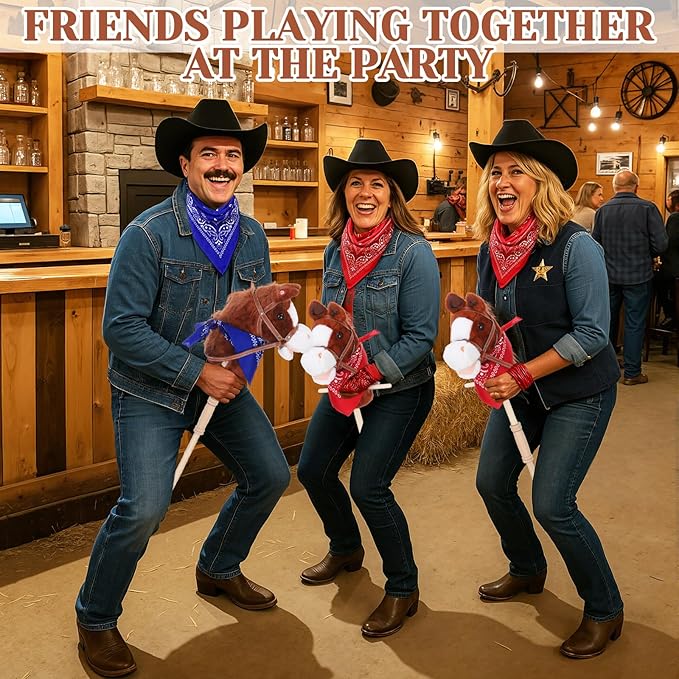 Poen 2 Sets Stick Horse with Red and Blue Bandana, Brown Horse on a Stick with Sound 27.6" Toys for Western Cowboy Theme Party Pretend Games