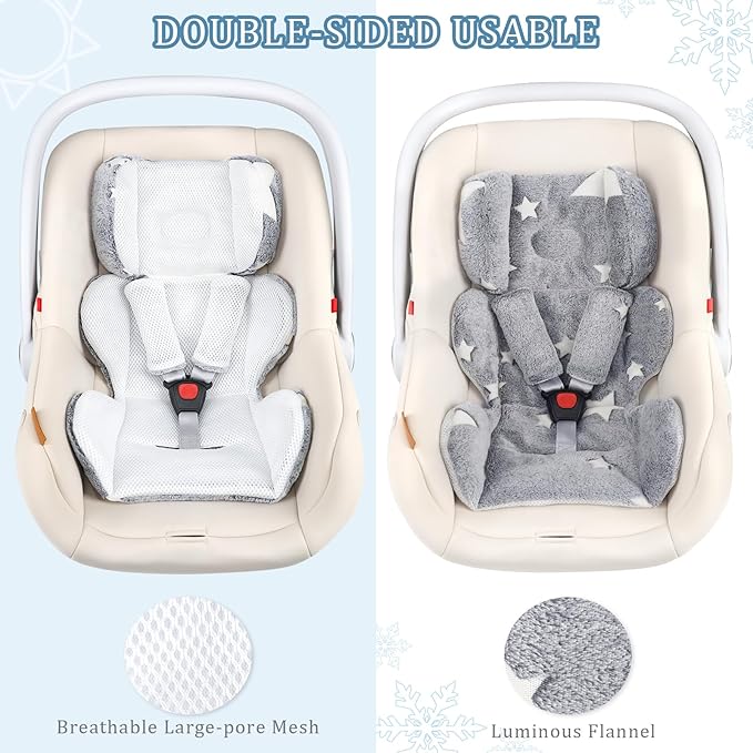 Infant Car Seat Insert Boys Girls, Soft Flannel Baby Head Support & 2 Strap Pads, Preemie Newborn Carseat Cushion Reversible & All Season for Stroller, Baby Swing, Rocker, Bassinets, Bouncer Gray Star