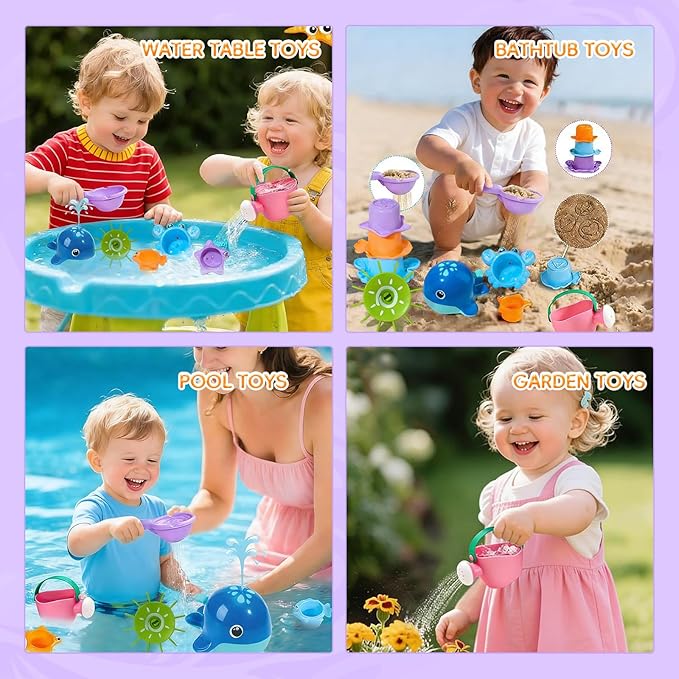 Baby Bath Toys for Kids Ages 1-3, Mold Free Toddler Bath Toys with 3 Stacking Cups & Spinning Wheel and Whale Bath Toy, Variety Bathtub Sand Beach Pool Water Table Toys for 1+ Year Old Boys Girl Gifts