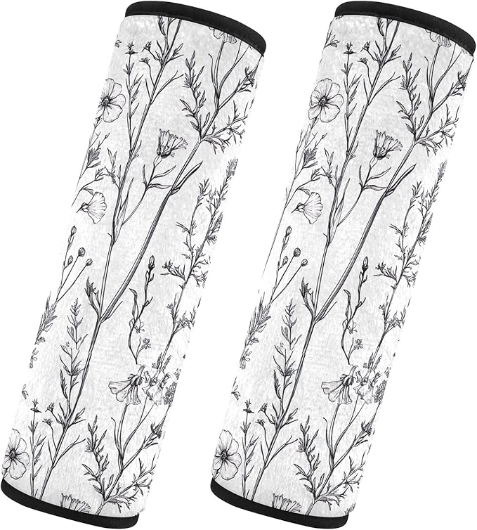 CHIFIGNO Black White Wildflowers Herbs Seat Belt Cover Cute Seatbelt Covers Pack of 2 Car Seat Shoulder Pads for Adults Women Kids