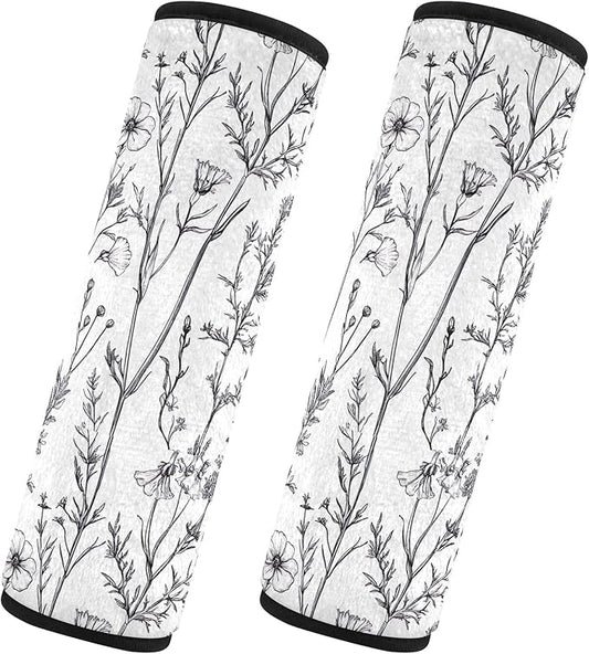 CHIFIGNO Black White Wildflowers Herbs Seat Belt Cover Cute Seatbelt Covers Pack of 2 Car Seat Shoulder Pads for Adults Women Kids