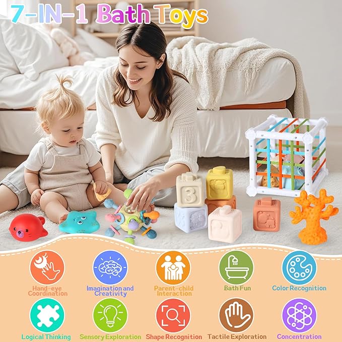 7-in-1 Montessori Baby Toys with Shape Sorter Sensory Bin, Stacking Cups, Soft Sea Animal Toys for 6-12-18 Months, Fun Bath Time Learning Developmental Toys Gifts for 1 2 3 Year Old Girls Boys