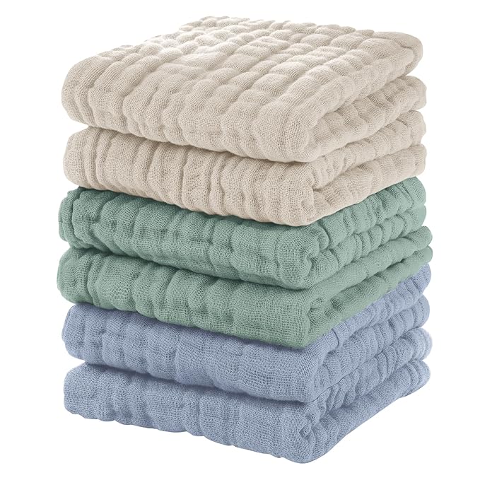 Unnivoll Muslin Burp Cloths Baby 12''X12'', Baby Washcloths 6 Pack, 100% Cotton Baby Wash Cloths Absorbent and Soft for Newborn Infants Kids Boys Girls - Apricot Green Sapphire Blue