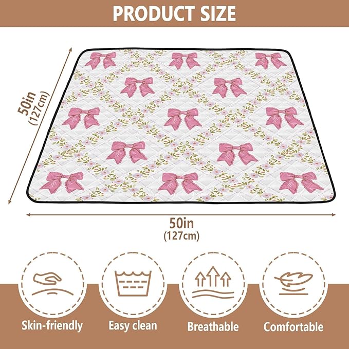 Baby Play Mat Bows Small Flowers Checkered Pink 50 x 50 Playpen Mat Baby Play Mats for Floor Play Gym Crawling Mat Non-Slip Cushioned Baby Playmat for Infants, Babies, Toddlers