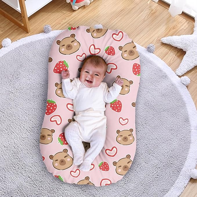 Heart Strawberry Capybara Baby Lounger Cover for Girls Newborn Lounger Covers Removable Sleeping Baby Nest Slipcover Soft Comfortable Snuggle Me Cover 31.5'' x 21.3''