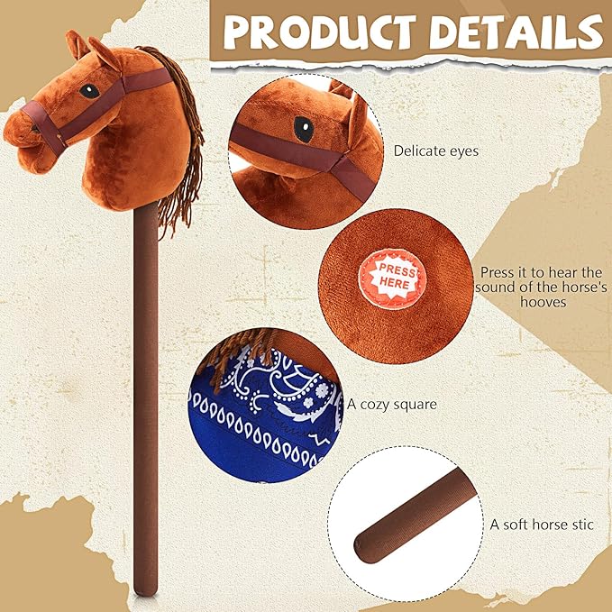 Poen 4 Pack Light Brown Horse Stick with Sound Red and Blue Bandana Set 27.6'' Toys Stick Horse Western Cowboy Bandana with Neighing Sound for Boys Girls Fun Pretend Games(Dark Brown)