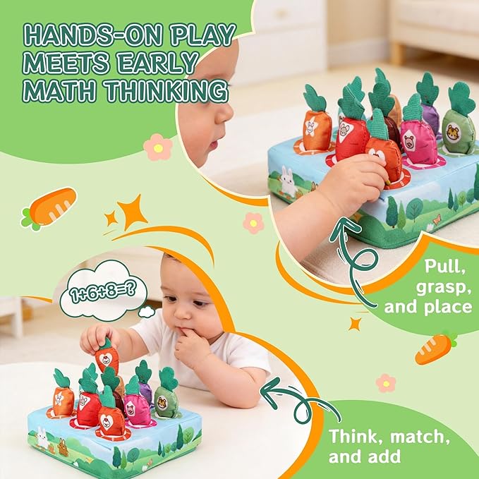Montessori Toys for 1 Year Old, 10 PCS Plush Carrot Play Kit with Color Shape Number Matching, Pull-Out Soft Baby Sensory Toy Fine Motor Skills Toddler Learning Toys for 6-12 Months Boys Girls Gifts