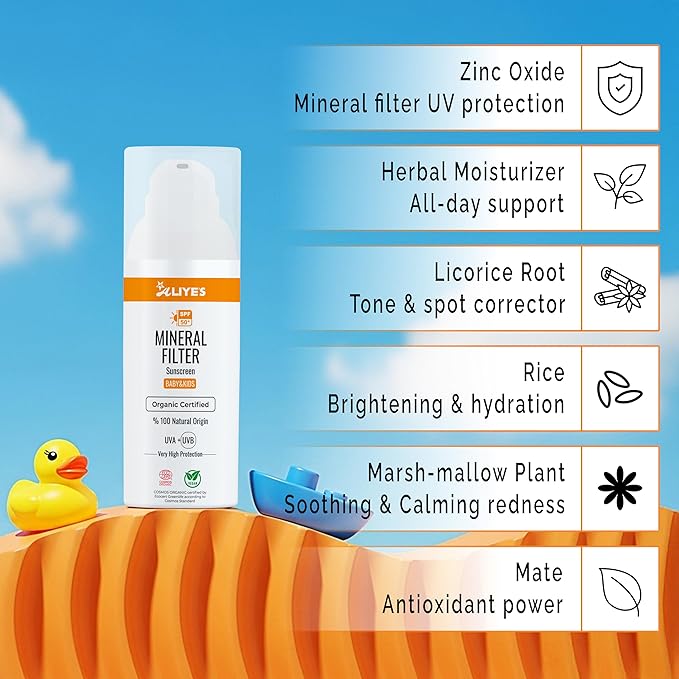 ALIYES SPF 50+ Organic Baby&Kids Mineral Sunscreen – Safe for Babies - Water Resistant Sun Cream – Broad Spectrum UVA/UVB Sun Protection – Vegan Baby Sunscreen Lotion, 1.69 FL