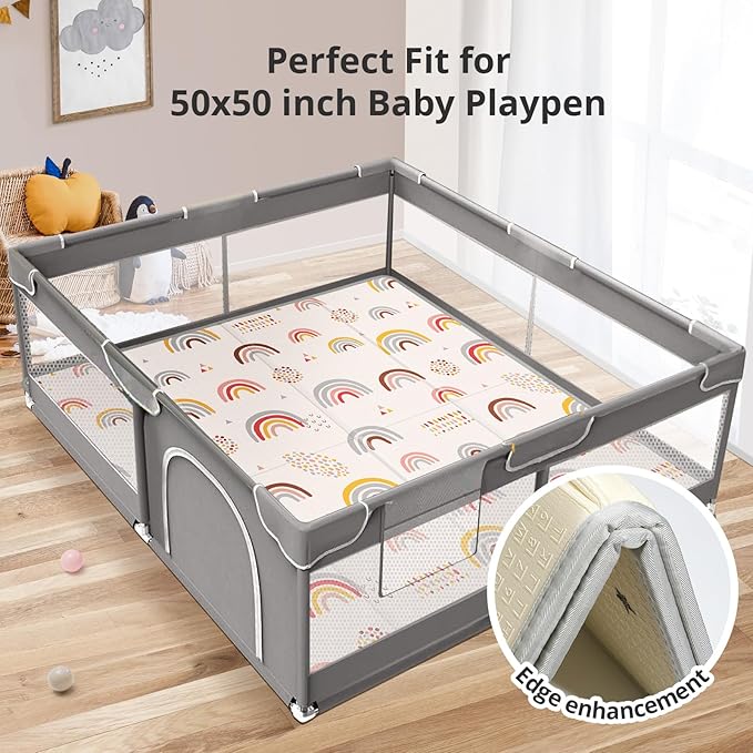 Foldable Baby Play Mat, PIGLOG 50x50 Playpen Mats, 0.6in Thick Waterproof Playmats for Babies and Toddlers Kids, Safe Foam Playmat for Tummy Time, Reversible Portable Floor Playmats for Infant