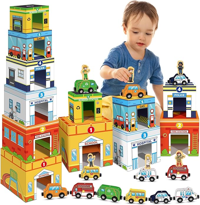 Aizweb Toddler Sorting&Stacking Toys with Magnetic Wooden Vehicle,Cars&Community Helpers,STEM Building Blocks,Educational Learning Montessori Gifts for 1 2 3 Year Old Boys Girls Preschool Kindergarten