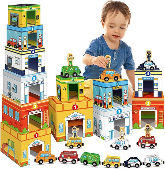 Aizweb Toddler Sorting&Stacking Toys with Magnetic Wooden Vehicle,Cars&Community Helpers,STEM Building Blocks,Educational Learning Montessori Gifts for 1 2 3 Year Old Boys Girls Preschool Kindergarten