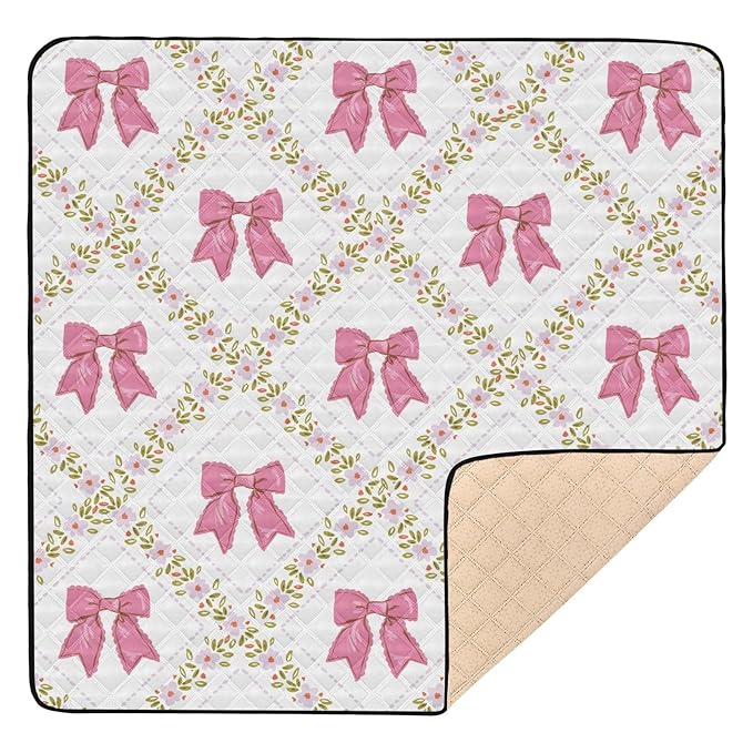 Baby Play Mat Bows Small Flowers Checkered Pink 50 x 50 Playpen Mat Baby Play Mats for Floor Play Gym Crawling Mat Non-Slip Cushioned Baby Playmat for Infants, Babies, Toddlers